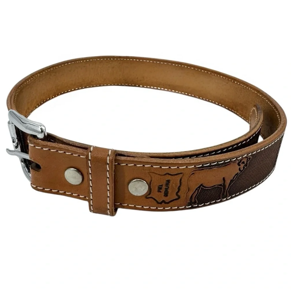 Vintage Western Boho Leather Belt with Stitched Detailing Brown Tan